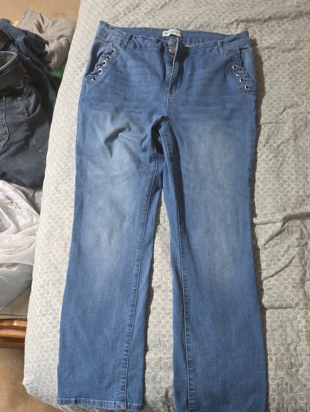 Blue Boot-Cut Jeans with Front Lace-Up Detail